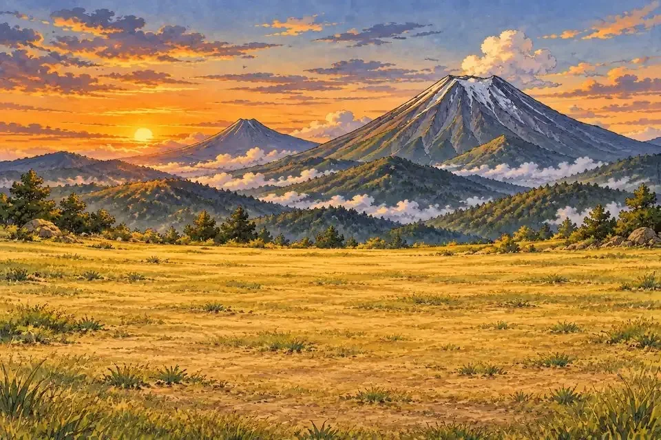 Gunung berselimut awan saat matahari terbit