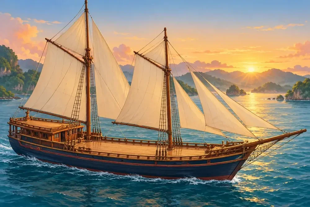 Kapal layar pinisi di laut saat senja