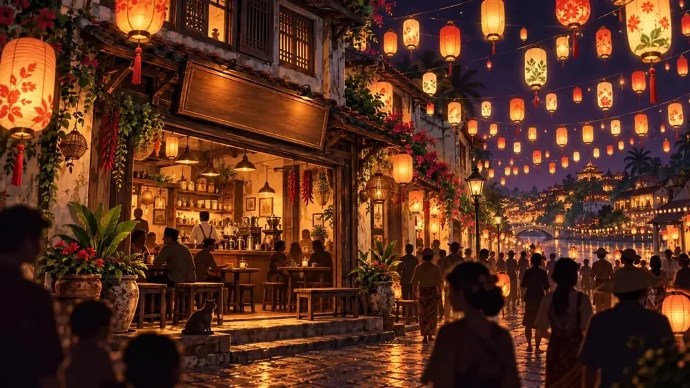 Warung ramai di malam festival lampion